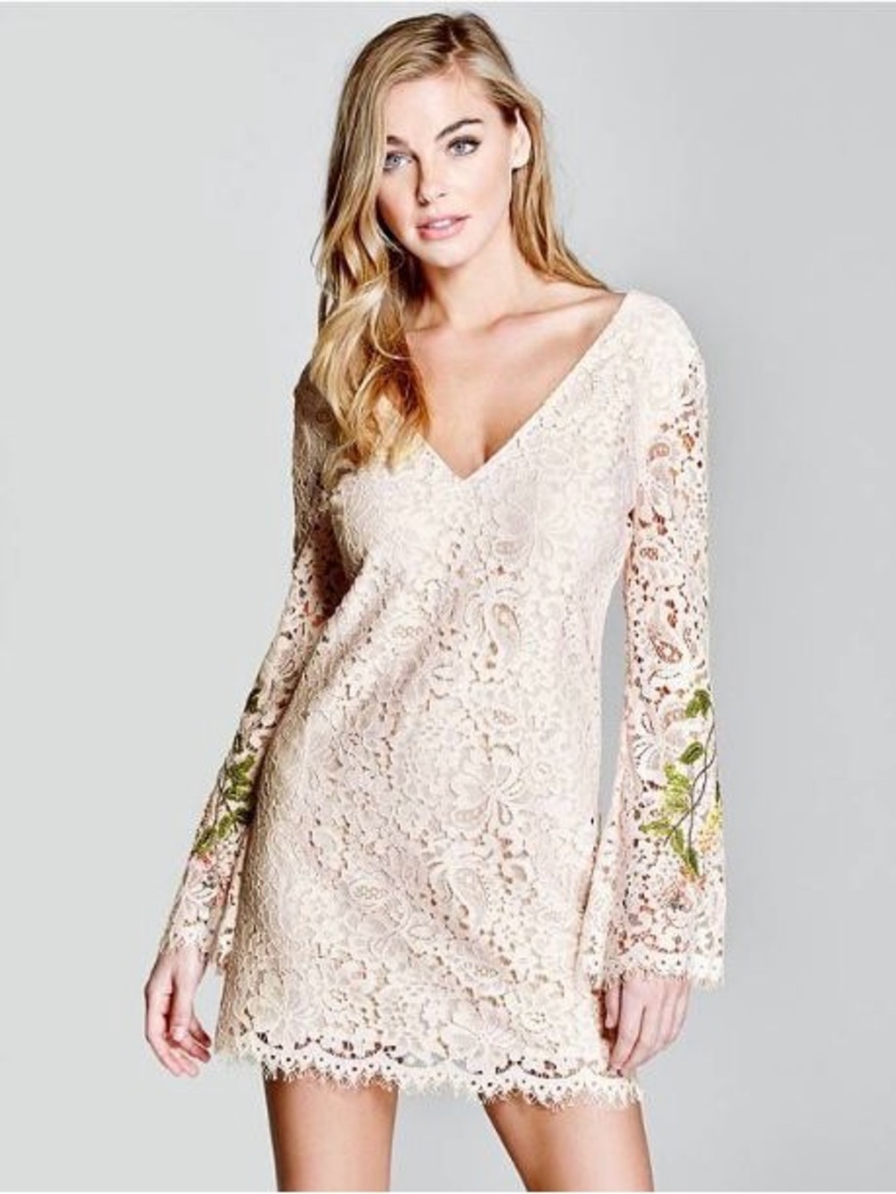Guess by Marciano Cream Lace V-Neck Long Sleeve Mini Dress with Floral Accent
